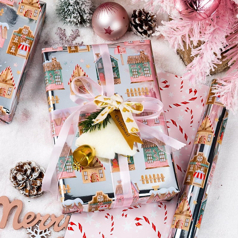 Yarcony Christmas Wrapping Paper Roll, Gingerbread House Wrapping Paper, Metallic Foil Adorable Village and Candy Cane Design Christmas Gift Wrap for Holiday, Winter Celebration (17 Inch X 33 Feet) - Image 2